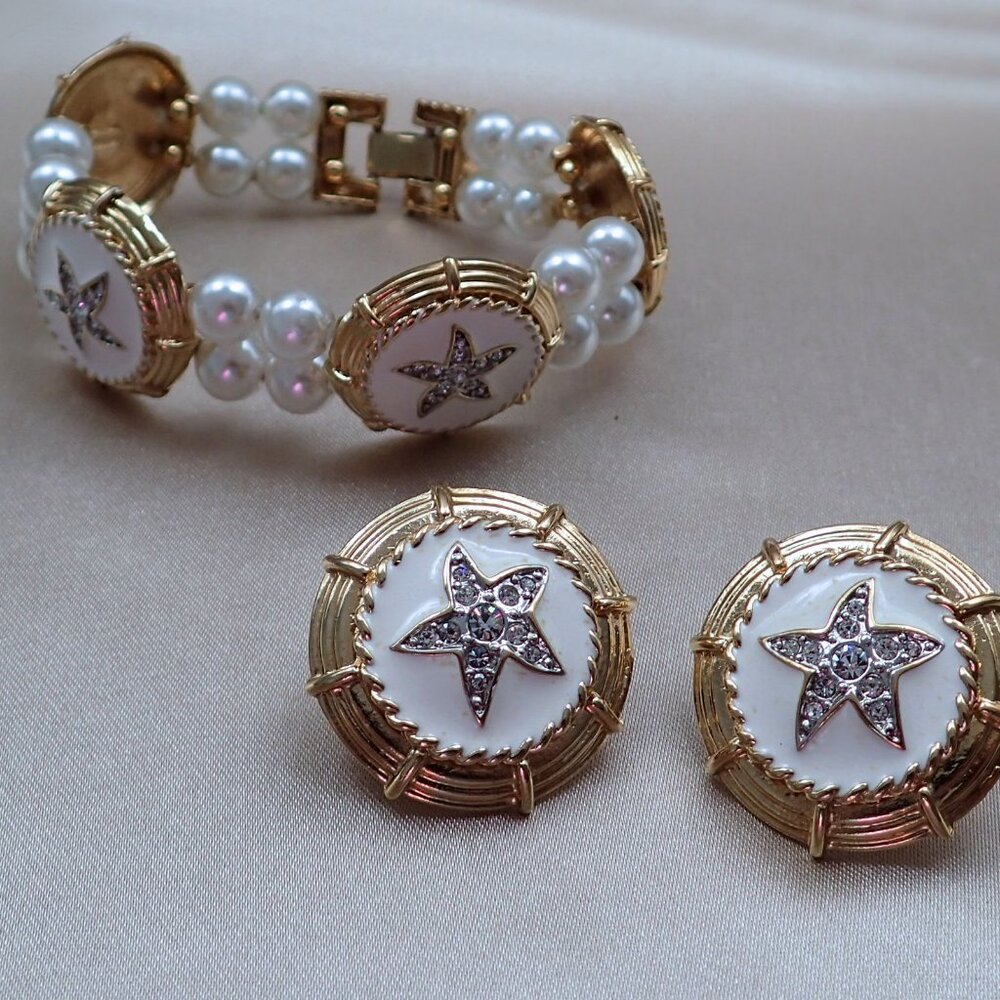 Starfish Rhinestone Bracelet and Clip on Earring Set by Butler